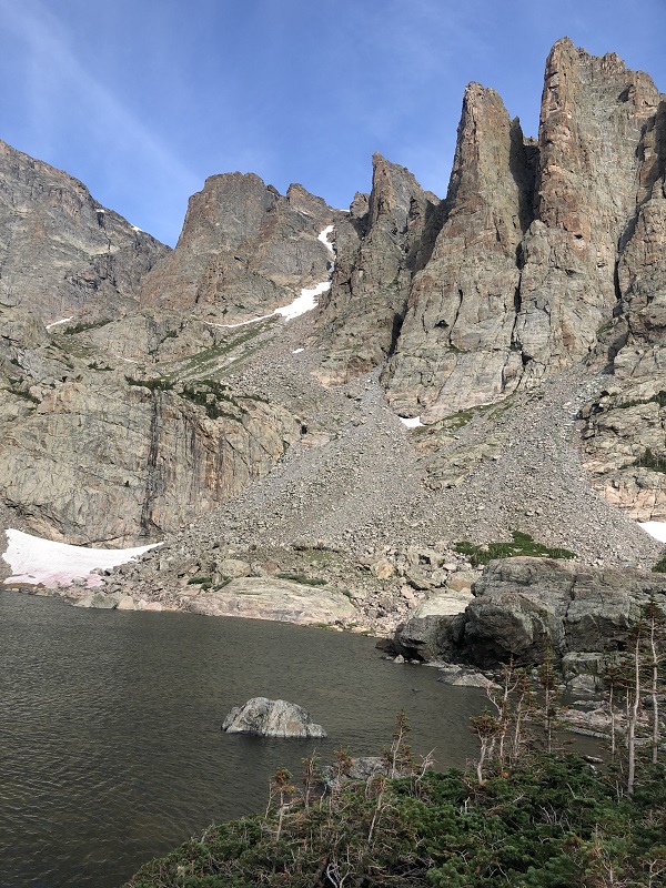 Sharktooth spires tower over Sky Pond