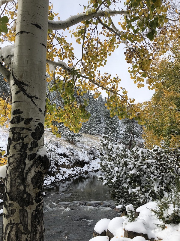 October snow - walking along Estes Park Riverwalk