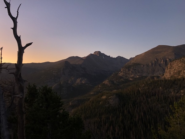 Sunrise view of Longs Peak from Flattop Trail in Rocky Mountain National Park