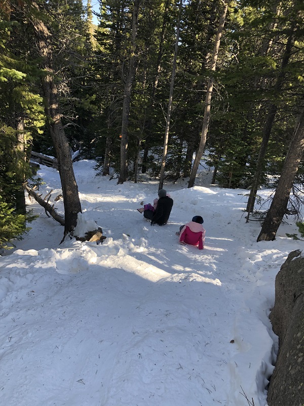 sliding down snow covered hill in rocky mountain national park
