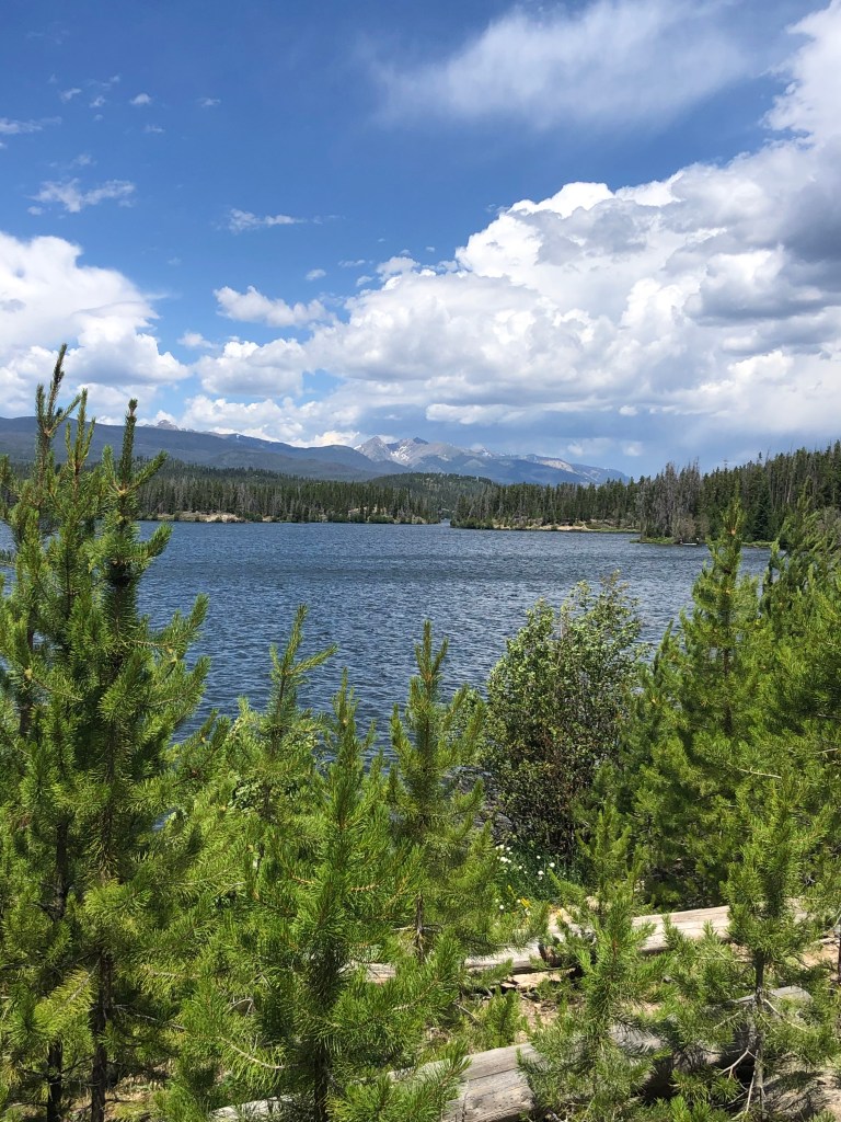 East Shore trailhead Rocky Mountain National Park. Hike near Grand Lake and Granby. Views of Lake Granby and Shadow Mountain Lake